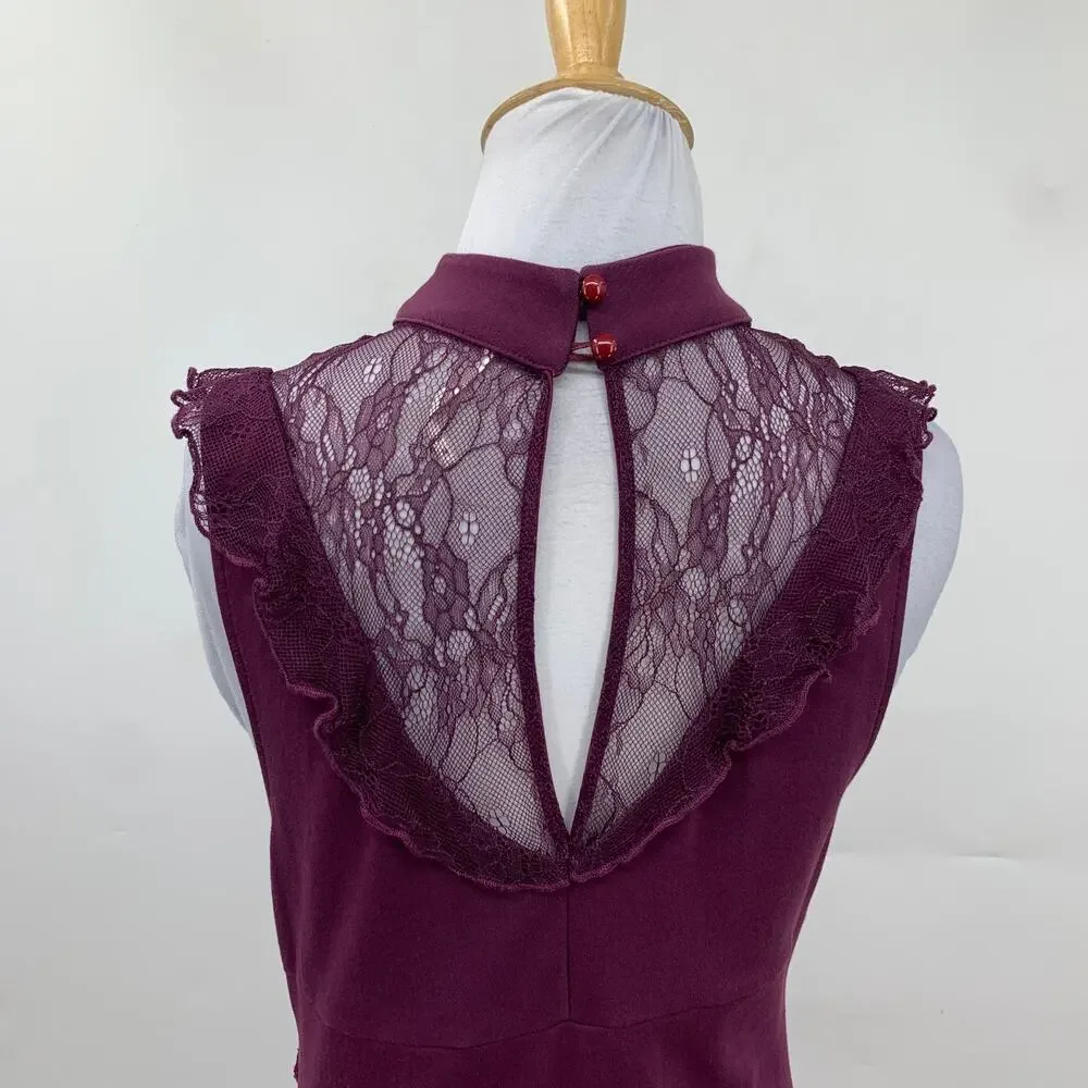 Free People Dress Women M Medium Eggplant Beaumont Muse Ruffled Lace Trim Sheath